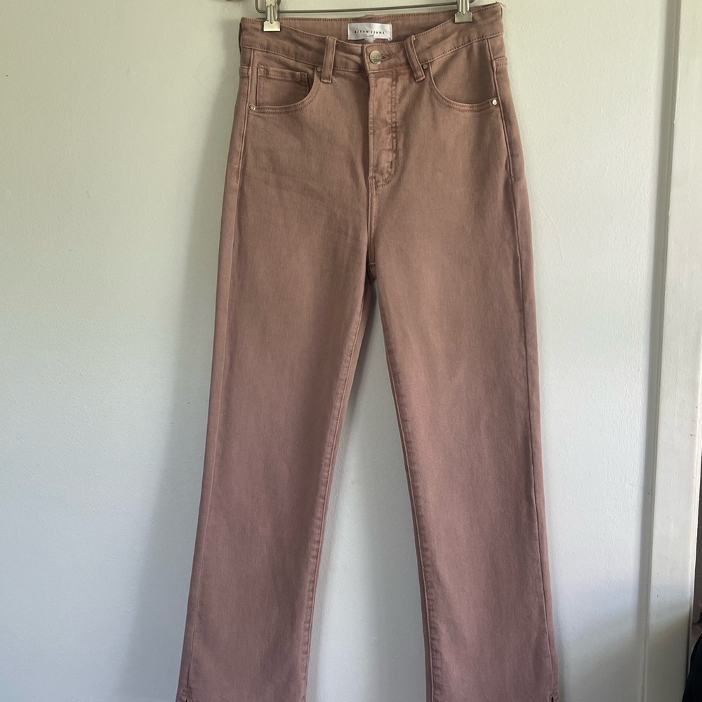 Risen Jeans Women Sz 5 / 27 High Rise Wide Leg Pink Mauve Denim Stretch Raw Hem - Picture 2 of 11